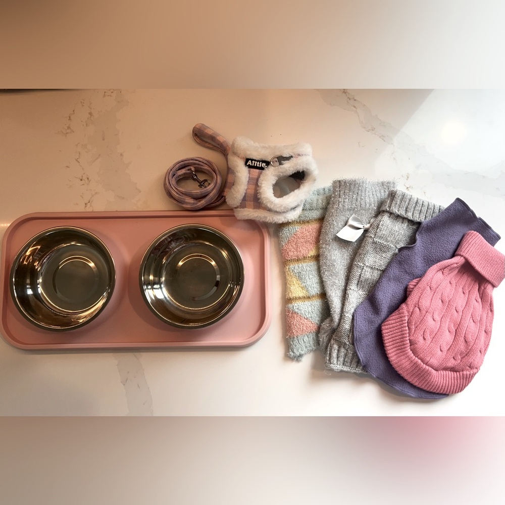 Pet Accessories Set with Bowls and Sweaters
